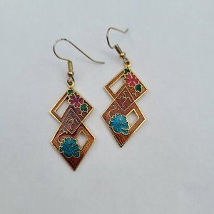 Vintage 80s Dangle Cloisonne Floral Geometric Asian Motif Earrings